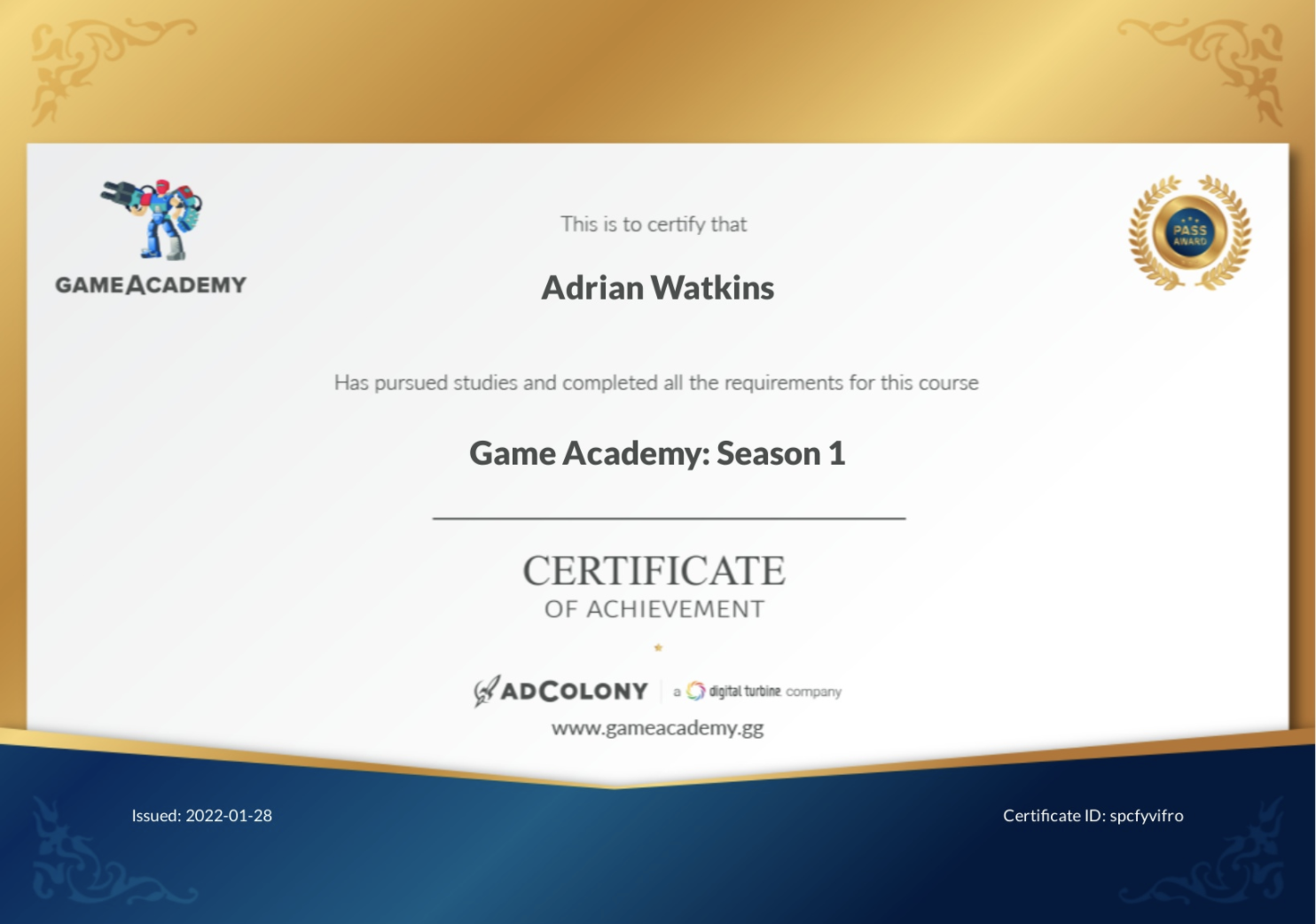 Sertifikat Game Academy. (Dok. AdColony)