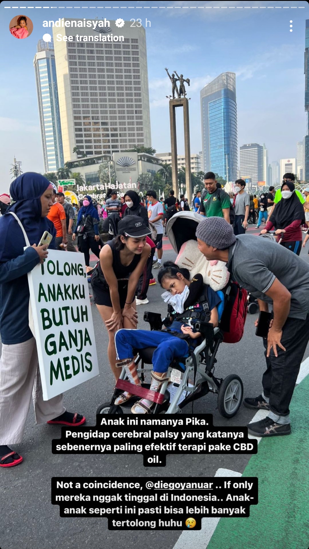 Andien bersama Pika, penderita cerebal palcy yang membutuhkan ganja medis. (Sumber gambar : Instagram Andien Aisyah)