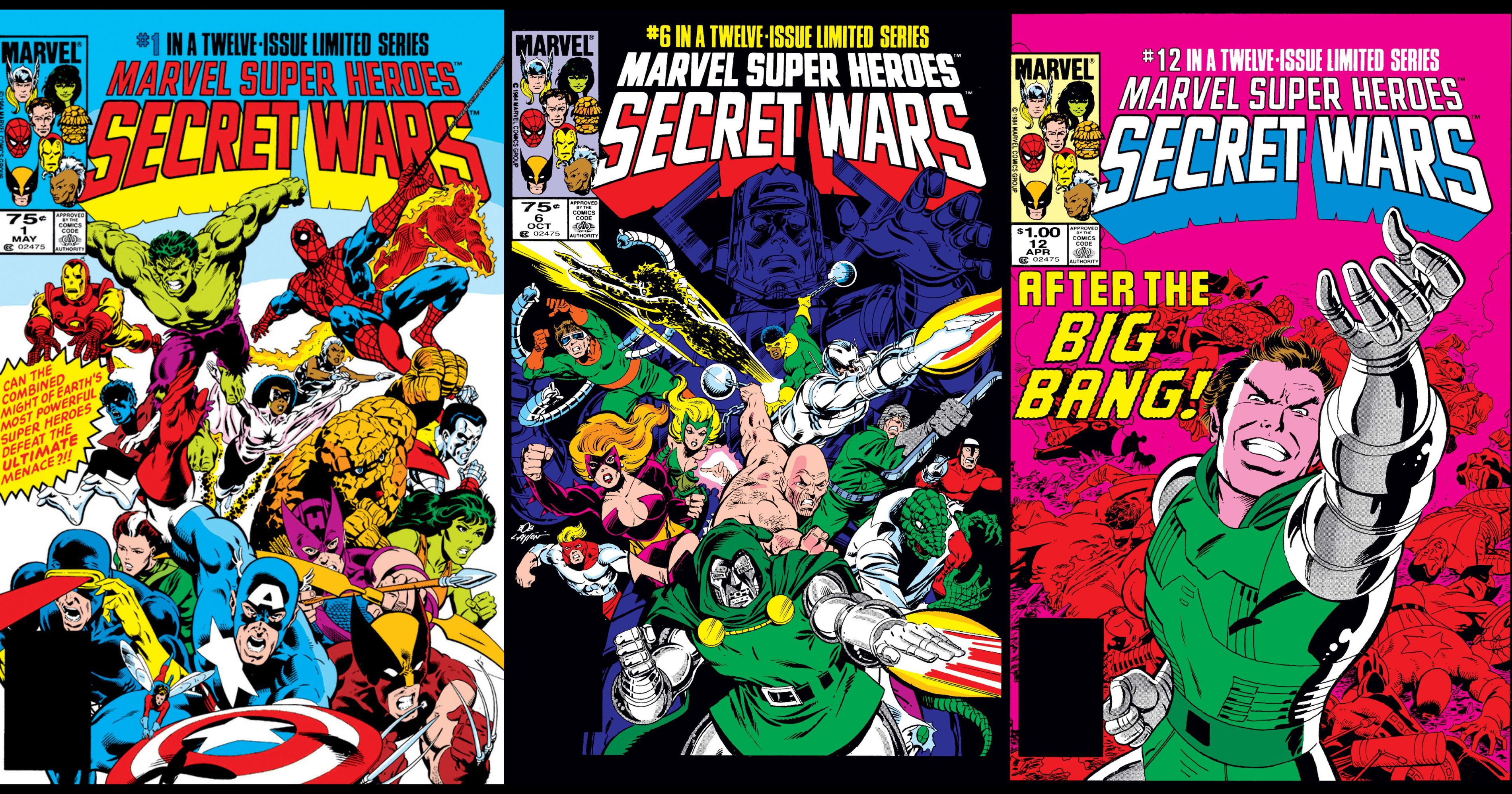 Sampul komik Secret Wars (1984-1985) Volume #1, #6, #12. (Sumber gambar: Marvel Comics)