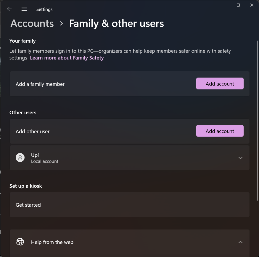 Menu pengelolaan akun di  Windows 11