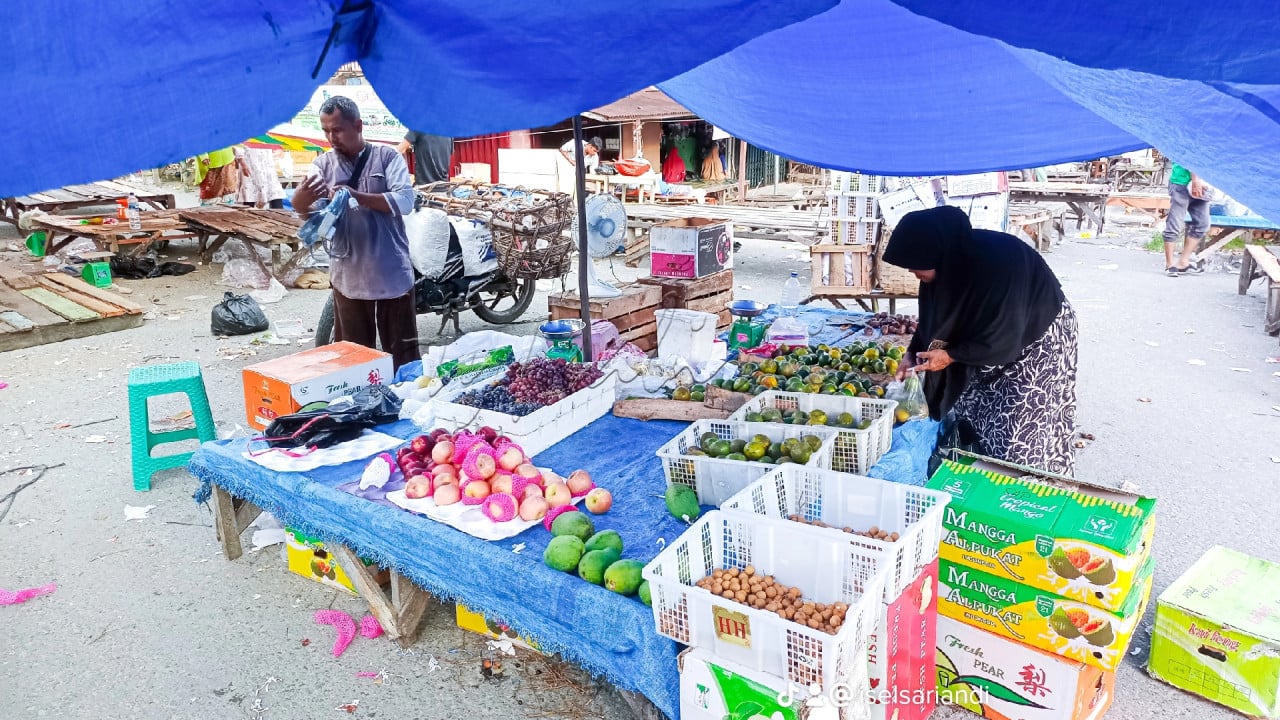 <strong>Seorang</strong> pedagang tradisional sedang menjajakan barang dagangannya seperti pepaya di pasar tradisional danau bingkuang Kampar Riau. 