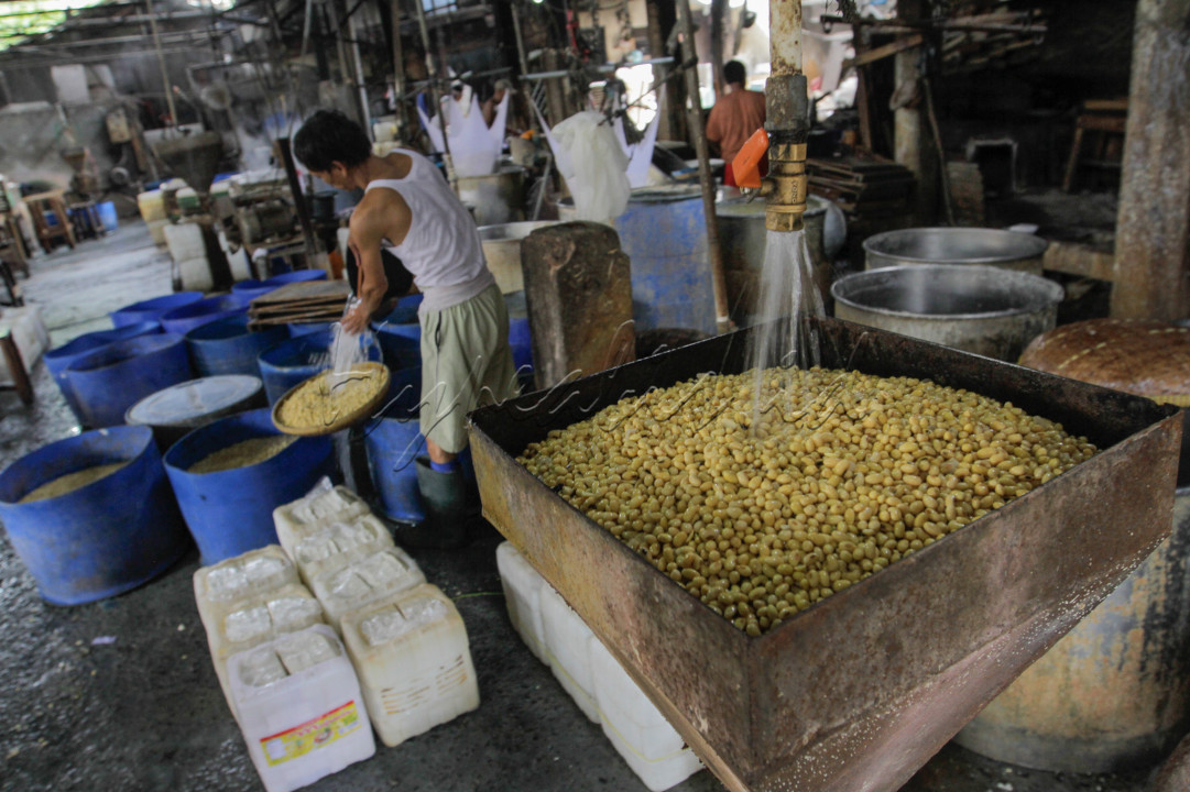 Udara cukup panas yang berasal dari mesin uap tak mengurungkan niat para pekerja untuk menyelesaikan produksi tahu.
